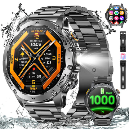 2026 Military Smart Watch Men 1.7" HD Screen 1000Mah 100+ Sport Modes Bluetooth Call Flashlight 24H Health Monitor Waterproof Smartwatch